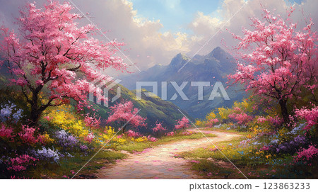 A fantastical landscape of spring mountain paths and cherry blossoms in full bloom 123863233