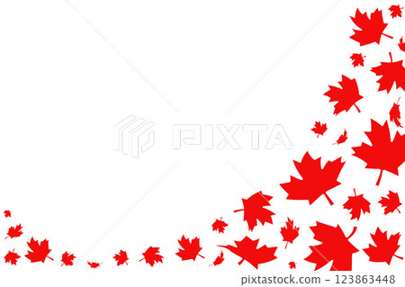 Abstract Canadian red maple leaves flowing diagonally isolated on a transparent background. Place for text. Perfect for Canada Day, national celebrations, patriotic events and festive designs. Vector 123863448