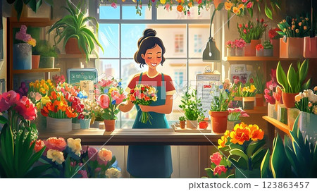 Female florist arranging flowers in a sunlit shop with vibrant display. 123863457