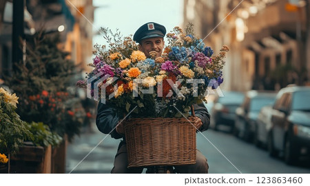 Caucasian male adult riding bicycle with colorful flowers in urban street setting. 123863460