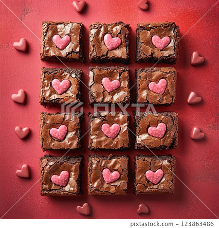 Valentine's day chocolate brownies with heart decorations for sweet celebration. Valentine's day chocolate brownies with heart decorations for sweet celebration. 123863486