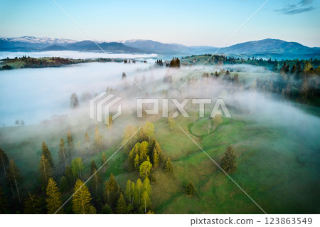 Aerial view of mist drifting over lush, green landscape. Early morning fog gently envelops trees and fields, creating soft, ethereal atmosphere under clear sky. Distant mountains rise majestically. 123863549