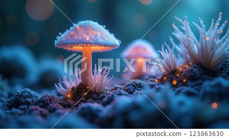 Illuminated mushrooms in mystical forest with delicate fantasy vibes 123863630