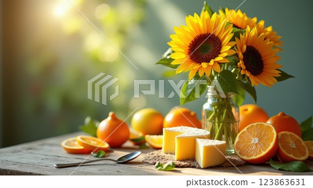 Bright still life with sunflowers and oranges 123863631