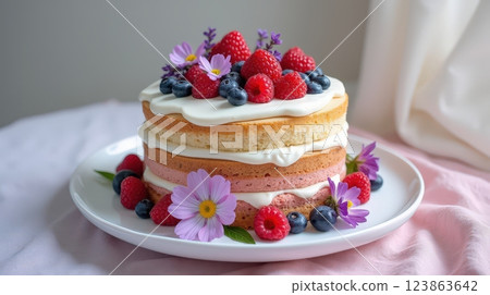 Delicious layered cake adorned with fresh berries and flowers on a stylish white plate 123863642