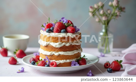 Delightful layered cake topped with fresh fruits and cream for a pastel-themed dessert display 123863644