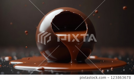 Chocolate sphere melts deliciously as warm syrup pours from the center in a dessert display 123863678