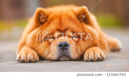 Adorable chow chow dog peacefully sleeping on a sunny day outdoors in a suburban area 123863703