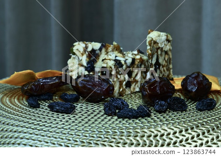 National oriental dishes are pressed nuts with honey and dried fruits 123863744