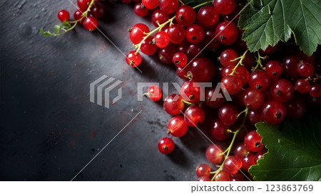 Close-up of fresh red currants and green leaves on a dark background 123863769