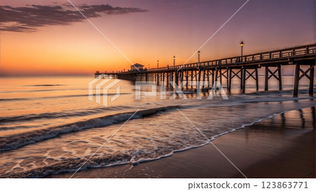 Beautiful sunset over the pier with gentle waves and vibrant sky colors 123863771