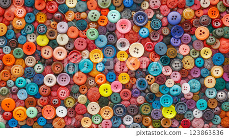 Collection of colorful buttons and spools of thread scattered on a craft surface for sewing projects 123863836