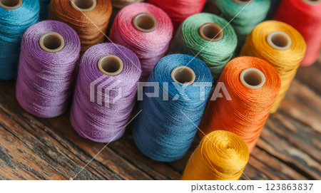 Colorful spools of thread arranged on a wooden surface for sewing and crafting activities 123863837