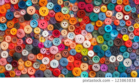 Colorful collection of buttons and threads arranged in an artistic display for craft enthusiasts and hobbyists 123863838