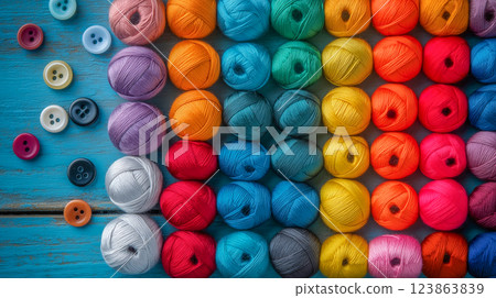 Colorful display of yarn balls and buttons arranged on a blue wooden surface in bright daylight 123863839
