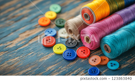 Colorful spools of thread and buttons arranged on a rustic wood surface for sewing and crafting activities 123863840