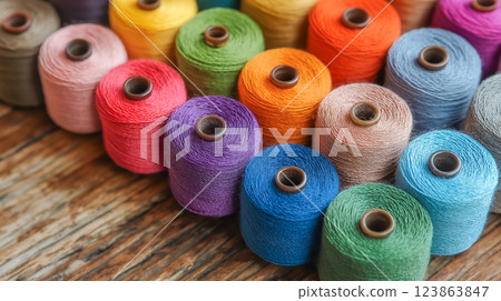 Colorful threads arranged on a wooden surface showcase a variety of hues and textures for crafting enthusiasts 123863847