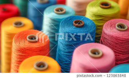 Vibrant assortment of colorful sewing threads arranged in a lively display at a craft store 123863848