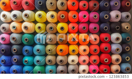 Varied spools of colorful thread arranged in a vibrant display at a crafting shop 123863853