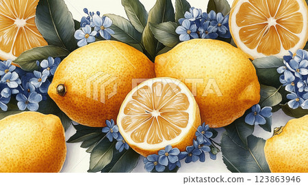 檸檬和藍色花朵的美麗水彩畫 123863946