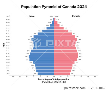 Population pyramid of Canada 2024. Age structure diagram and graphical illustration of distribution of about 40 million people, divided into females and males, quoted in percent and 4-year steps. 123864062