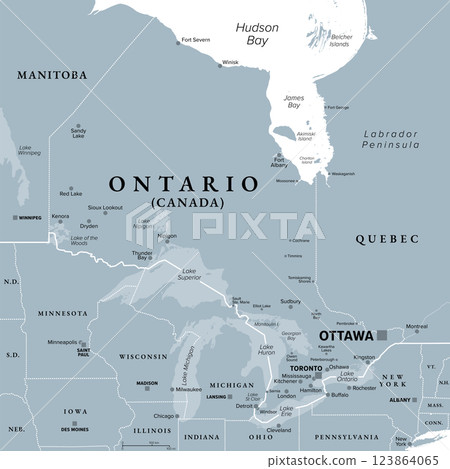Ontario, southernmost province of Canada, gray political map. Located in Central Canada, the most populous province of the country with capital Toronto, and home of the national capital Ottawa. Vector 123864065