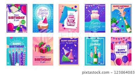 Birthday Party Card and Poster Set. Festive Templates with Editable Text, Cake, Cupcakes, Balloons, Gift Boxes, Champagne, Confetti, Party Decorations 123864083