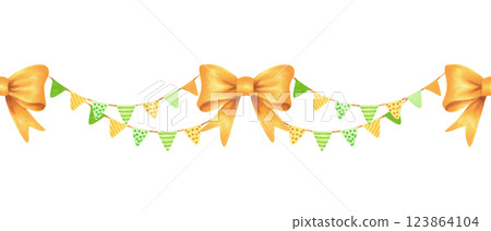 Yellow bow with garland. Seamless horizontal border with ribbon. Watercolor and marker illustration. Hand drawn isolated art. St. Patricks Day hanging flags. For decor design, background, prints. Yellow bow with garland. Seamless horizontal border with ribbon. Watercolor and marker illustration. Hand drawn isolated art. St. Patricks Day hanging flags. For decor design, background, prints. 123864104
