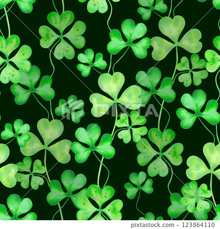 Petal of shamrock and four leaf clover. Seamless pattern. Watercolor and marker illustrations. Hand drawn Irish symbol of St. Patrick's Day. Isolated design element for background, fabric, textile. Petal of shamrock and four leaf clover. Seamless pattern. Watercolor and marker illustrations. Hand drawn Irish symbol of St. Patrick's Day. Isolated design element for background, fabric, textile. 123864110