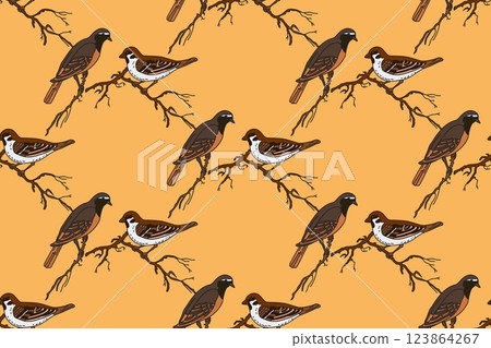 Botanical abstract seamless pattern with garden birds vector illustration.Colorful repeating sparrow birds cartoon pattern in yellow color background. Graphic design for Fashion Cover Textile Print Botanical abstract seamless pattern with garden birds vector illustration.Colorful repeating sparrow birds cartoon pattern in yellow color background. Graphic design for Fashion Cover Textile Print 123864267