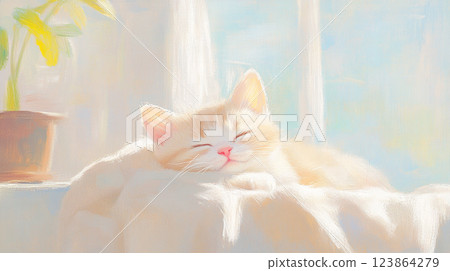 A happy time for a kitten sleeping in the sunlight by the window 123864279