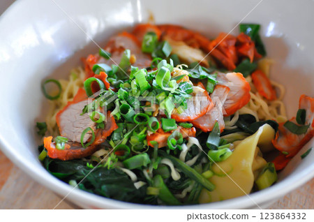 noodles or pork noodles or noodles without soup 123864332