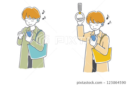 Illustration set of a man commuting to work listening to music with wireless earphones Illustration set of a man commuting to work listening to music with wireless earphones 123864590