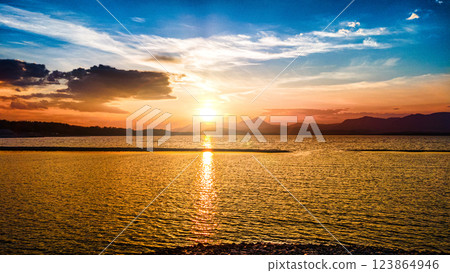 Liptov region Slovakia. Sunset over Liptov region in the backround with Liptovska mara lake and tatras mountains around. Liptovsky Mikulas city in Slovakia. 123864946
