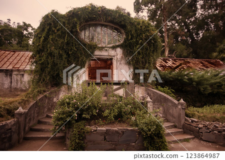 Vintage overgrown mystical building in an old park. Botanical garden. Vintage overgrown mystical building in an old park. Botanical garden. 123864987