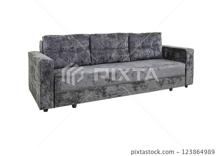 Gray sofa with velor fabric pillows isolated on a white background. Cushioned furniture. Gray sofa with velor fabric pillows isolated on a white background. Cushioned furniture. 123864989