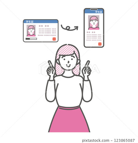 一名女大學生解釋學生證應用程式版本的範例 一名女大學生解釋學生證應用程式版本的範例 123865087