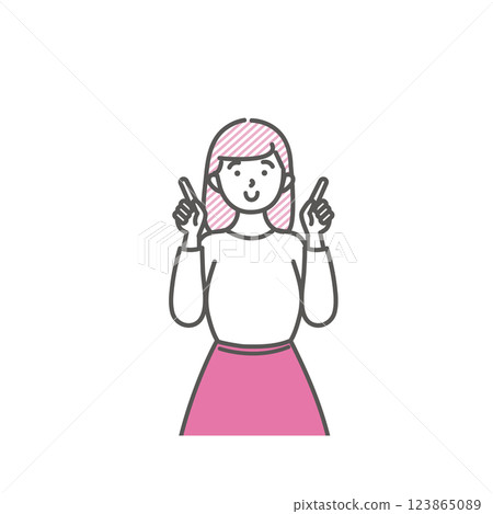 一位微笑的女大學生向上指著並選擇某樣東西的插圖年輕女性 一位微笑的女大學生向上指著並選擇某樣東西的插圖年輕女性 123865089