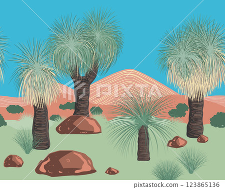 Xanthorrhoea tree and mountains landscape seamless pattern. The Grass tree, native Australian endemic flora. Vector background Xanthorrhoea tree and mountains landscape seamless pattern. The Grass tree, native Australian endemic flora. Vector background 123865136