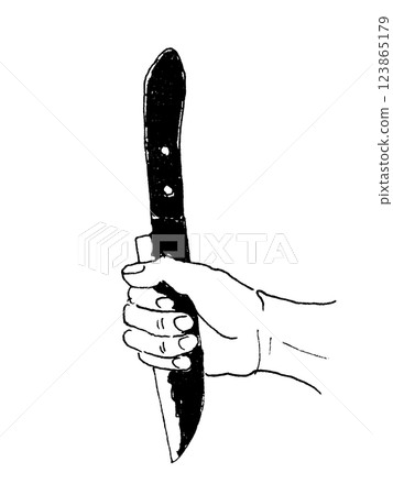 Line drawing illustration of a hand holding a knife blade Line drawing illustration of a hand holding a knife blade 123865179