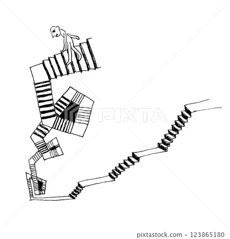 Line drawing illustration of a person descending a never-ending spiral staircase 123865180