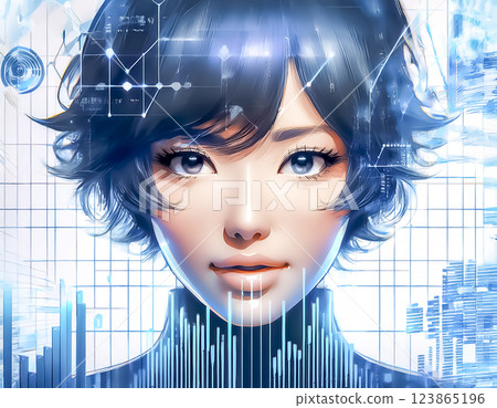 Illustration material of a woman having her voice data analyzed 123865196