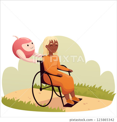 Vector illustration of robot pushing wheelchair of black elderly woman on walk 123865342
