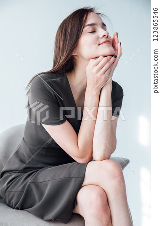 Beautiful Slim Woman in Green Summer Dress on White Background Beautiful Slim Woman in Green Summer Dress on White Background 123865546