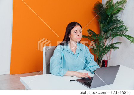 woman working at desk on laptop online learning in office woman working at desk on laptop online learning in office 123865803