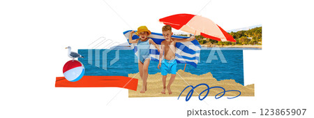 Modern design. Two kids running on golden sandy beach, joyful expressions, blue ocean and palm trees behind. Modern design. Two kids running on golden sandy beach, joyful expressions, blue ocean and palm trees behind. 123865907
