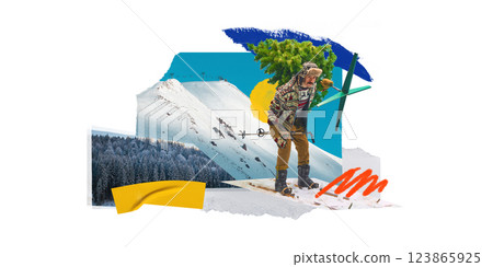 Modern art collage. Man wearing patterned sweater skiing with a Christmas tree on shoulder, snowy mountain in background. 123865925