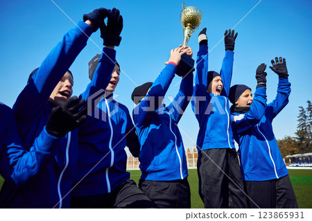 Glorious Achievement. Young athletes in football uniforms celebrating win, raising trophy under blue sky. Energy and unity. Glorious Achievement. Young athletes in football uniforms celebrating win, raising trophy under blue sky. Energy and unity. 123865931