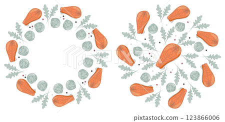 Salmon steak Arugula Brussels sprout Heads Allspices Circular Frame border and Round Background idea 123866006