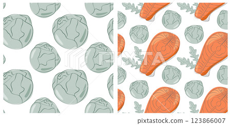 Brussels sprout Heads Salmon Steak Arugula leaves Seamless Pattern Healthy Eating Day Background Set 123866007